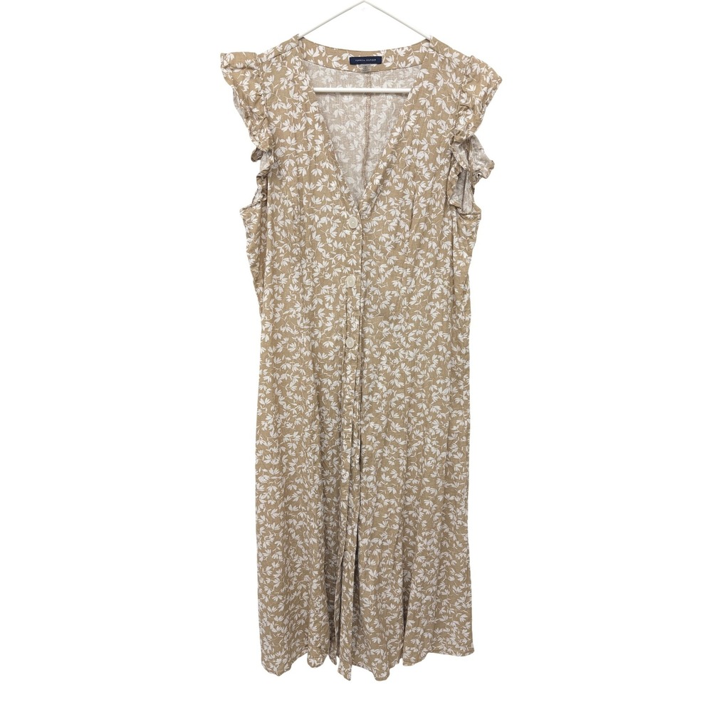Tommy Hilfiger Womens Tan Floral Linen Blend Flutter Sleeve Button Midi Dress 14
